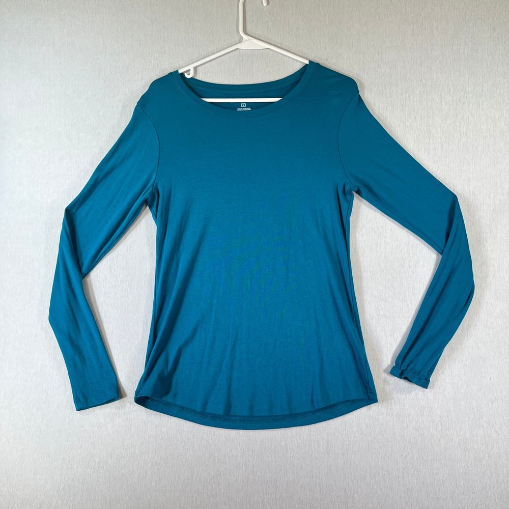 Eddie Bauer Top Women M Teal Blue L/S Stretch Cotton Modal Crew Neck Lightweight